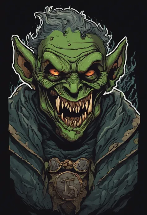 /imagine prompt: evil zombie goblin illustration for a sticker with a black background, in bold outline style, jagged edges, trashcore, light shading --v 5.2