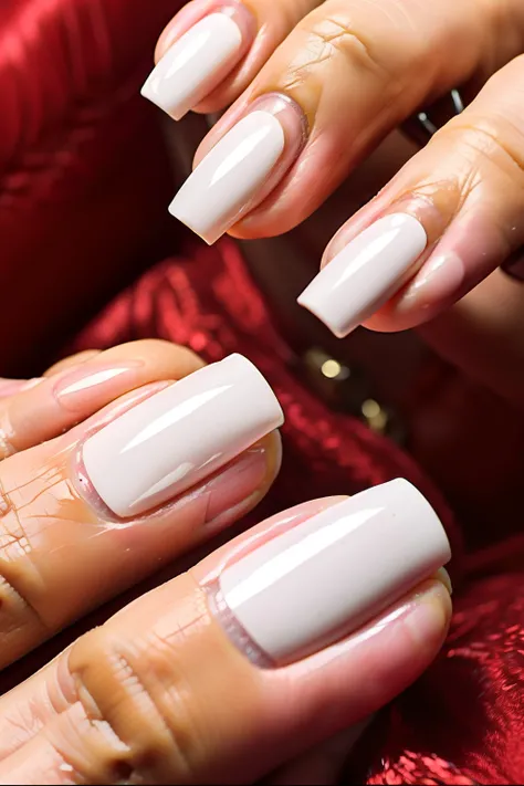 1 manicure de cabelos bem lisos castanhos escuros, olhos castanhos e pele clara, in a nail polish nail salon, wearing jeans, White blouse and red lab coat with manicure utensils in hands