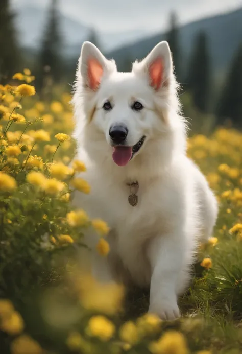 (best quality,highres,masterpiece:1.2),ultra-detailed,realistic,snowy landscape,white Swiss Shepherd puppy,1-year-old,female,fluffy fur,detailed eyes and nose,cute and playful expression,rolling green lawn,colorful flowers,bright and sunny day,portraits,so...