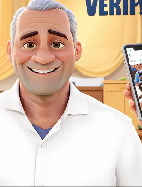 Baseado na foto  crie um personagem estilo pixar, senhor de 63 ,Happy mayor of the city in his cabinete and happy him in little hair on top and talking on the cell phone without glasses