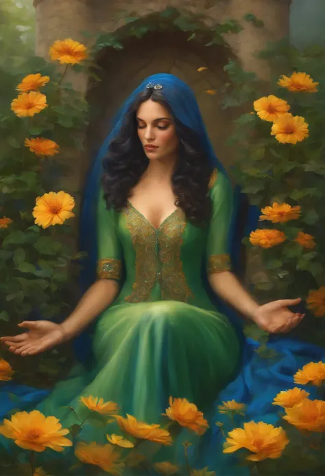 Uma mulher, com um vestido azul, cabelos longos loiros com raizes sombreadas, olho verde, Calm expression, estar na frente, mais perto da tela, em um jardim colorido, com cores florescentes, With hands in prayer.