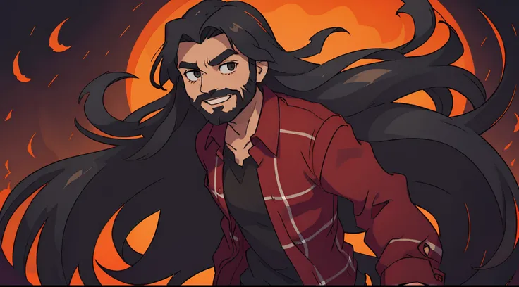 solo Man with long black flowing hair and a short black beard smiling. wearing a red plaid shirt. horror, haunted, halloween, dark, demon