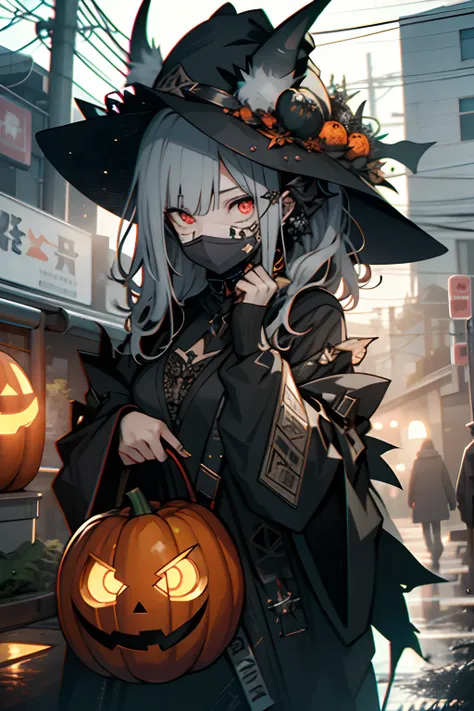 girl with a pumpkin witch hat and a demon horn, raining orenge fluid, orenge style and tattoos on face, pumpkins, halloween theme