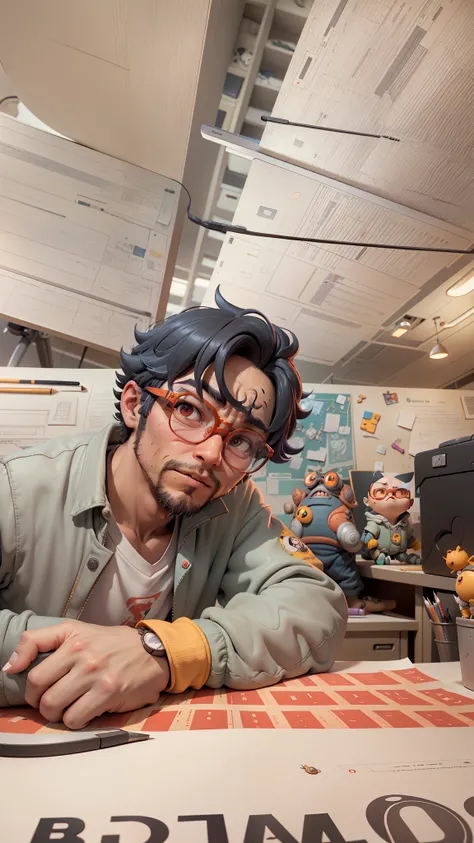 A bespectacled young man sits at his desk，segurando laptop，pintura digital，Design de Personagens 3D por Mark Clairen e Pixar e Hayao Miyazaki e Akira Toriyama，4K HD Illustration，Very detailed facial features and cartoon-style visuals。