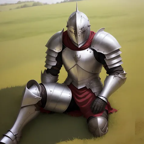 Anime young male in knight armor sat down in the grass with a metal helm and barefoot