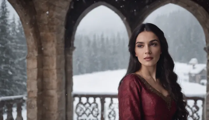 beautiful young noble woman with long black hair and brown eyes wearing a crimson gown standing in the shadows of a snowy castle balcony, medieval Hungary, midnight, snow storm, eerie, scary, mysterious, suspense, cinematic, 8k, cinematic scene from film,