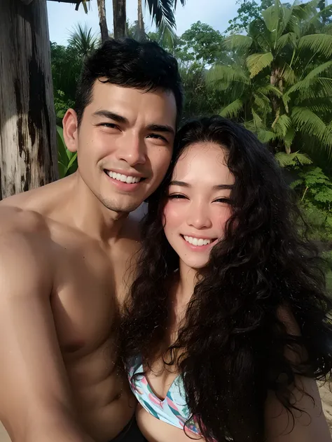 there is a man and woman posing for a picture together, Tyler Edlin e Natasha Tan, par, Casal feliz, casal sorridente, both smiling for the camera, imagem de perfil, Fotografia tirada em 2 0 2 0, em uma selva, vacation photo, em uma floresta tropical, Post...