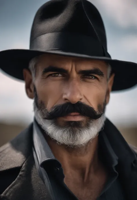 Hombre con barba y bigote en camisa negra, La mejor calidad,4k,8k,Hombre muy atractivo con barba, Vello facial bien cuidado, Lindo, impresionante, Realstic, Imagen ultrarrealista, Bigote natural, Hombre viejo,Retrato suave disparado 8K, Retrato muy detalla...