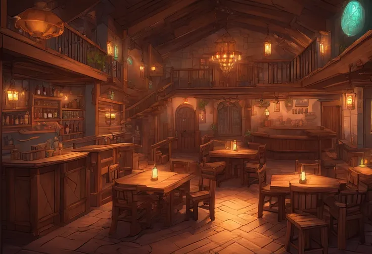 absurderes, Best Quality, Fantasy, isometry, Norlin Style (Interior of miniature wooden bar:1.2), Wood, a chair,The table,dual,pub,stairway,The table, (Simple background:1.2)a multidimensional cozy tavern, Highly detailed concept art, Fantastic tavern sett...