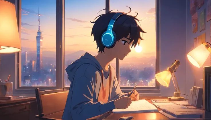 masterpiece, best quality, movie still, 1boy with headphones, bedroom, reading, desk with lamp, city view outside window, bright, happy, warm soft lighting, relaxing, (sparks:0.7)