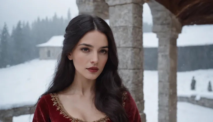 midnight beautiful young noble woman with long black hair and brown eyes wearing a crimson gown stands on a snowy castle balcony, medieval Hungary, midnight, snow storm, eerie, scary, mysterious, suspense, cinematic, 8k, cinematic scene from film,