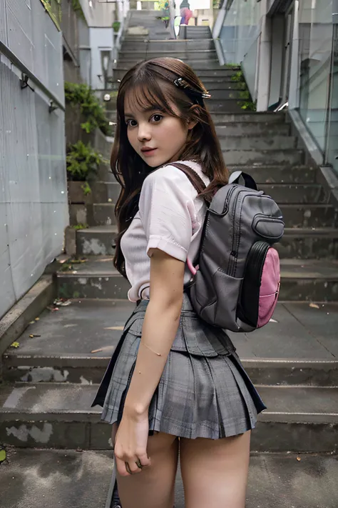 masterpiece, best quality, high resolution, beautiful , slim teen schoolgirl with pink backpack on her back, climbing the stairs, wearing a mini pleated gray skirt, schoolgirl skirt, showing her ass, no thong, camera from bottom up, young teen beautiful, w...