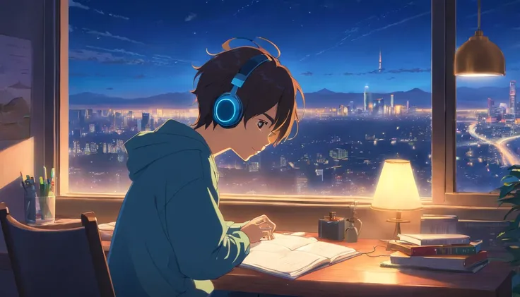 masterpiece, best quality, movie still, 1boy with headphones, bedroom, reading, desk with lamp, city view outside window, bright, happy, night time, relaxing, (sparks:0.7)