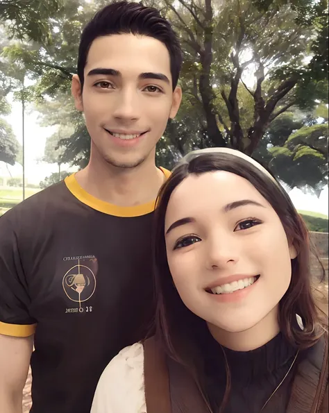 Smiling couple posing for a photo in a park with trees, Directed by: Nandor Soldier, mateus 9 5, In Sao Paulo, belos arredores, Directed by: Caro Niederer, Directed by: Felix Arauz, com um parque ao fundo, by Amelia Peláez, foto do perfil, Parque em segund...