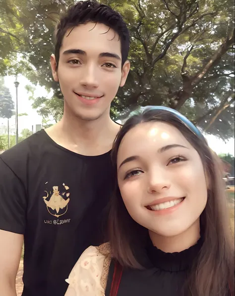 Smiling couple posing for a photo in a park with trees, Directed by: Nandor Soldier, mateus 9 5, In Sao Paulo, belos arredores, Directed by: Caro Niederer, Directed by: Felix Arauz, com um parque ao fundo, by Amelia Peláez, foto do perfil, Parque em segund...