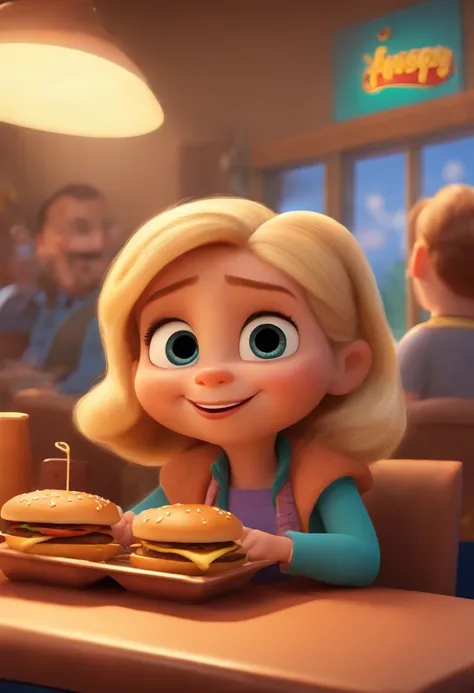 Make a family of 3, um pai de oculos, A blonde mom in a blazer and wide leg pants, uma menina de 2 anos com chuca no cabelo, , como Disney Cartoon, Shes eating hamburger, Pixar, ..3d, Disney, poster pixar