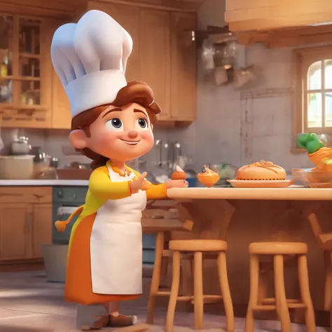 Crie uma cena de desenho animado  estilo 3d -Pixar, Onde um menino de cabelos crespos castanhos com 2 anos de idade, Shes cooking dressed as a pastry chef.