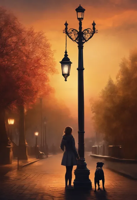 A girl stands next to a lamppost with a dog on her hands，hand painted style