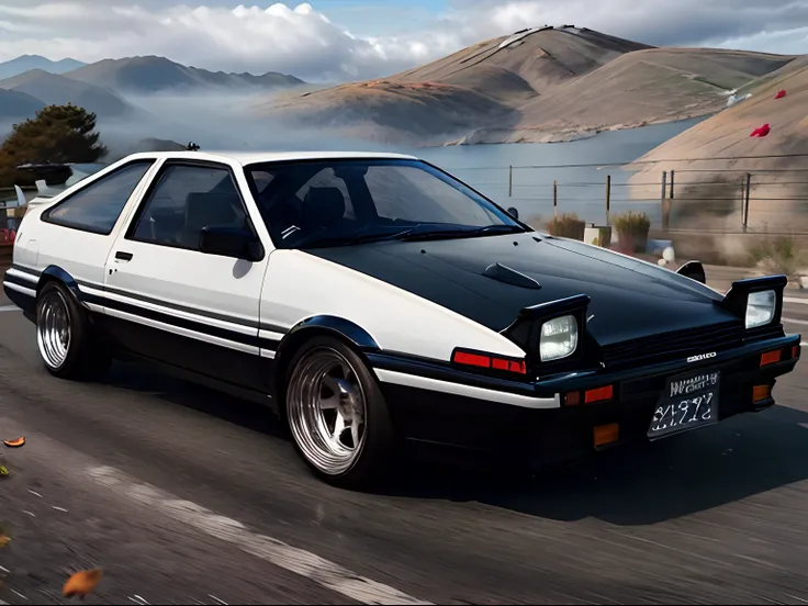 32K Ultra Hi-Vision、AE86、Ultra-realistic AE86、(Background of autumn leaves)、Photo op on the mountain pass、AE86 with black alloy wheels、(Panda Trueno)