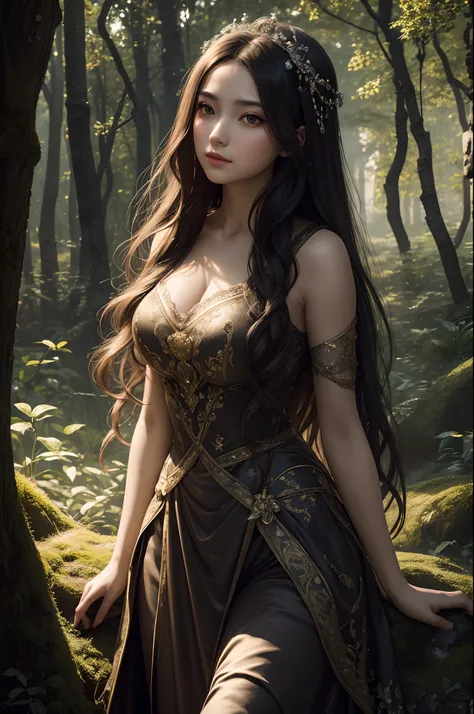 high quality, 8K Ultra HD, hyper-realistic, full body, A charming woman in a forest with a view of an old castle, The woman is portrayed in a moonlit setting, her features bathed in a soft, diffused glow that accentuates the delicate nuances of her express...