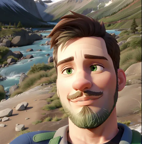 Um jovem adulto com olhos verdes, barba e cabelos castanhos claros, hes hiking in Ushuaia, Close to snowy mountains and a beautiful river by your side.