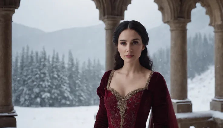 young noble woman with black hair and brown eyes stands on a snowy castle balcony overlooking a snow covered landscape, night, wearing crimson gown, midnight, eerie, snow storm, gothic, cinematic, cinematic scene from film, 8k