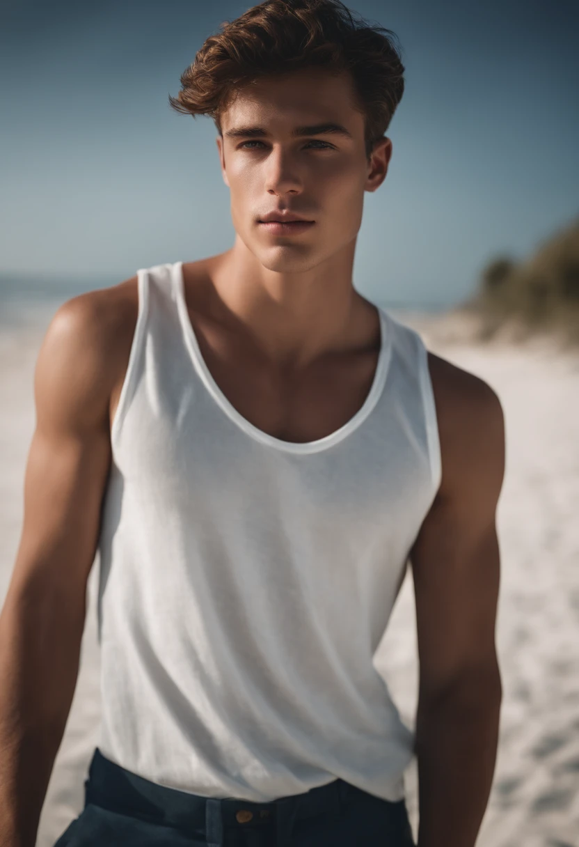 Portrait of a handsome male model in a beach, 18 ans, Barechest, sans barbe, with short wavy hair, yeux bleus, thick lips