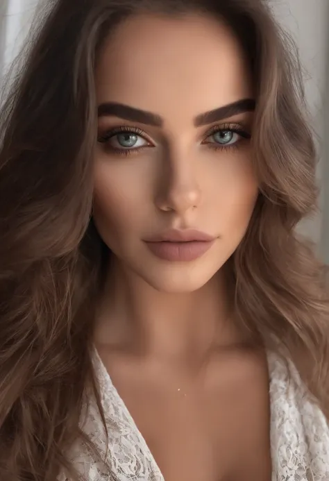 Arafed woman completely , fille sexy aux yeux bruns, ultra realist, Meticulously detailed, Portrait Sophie Mudd, cheveux bruns et grands yeux, selfie of a young woman, Dubai Eyes, Violet Myers, sans maquillage, maquillage naturel, looking straight at camer...