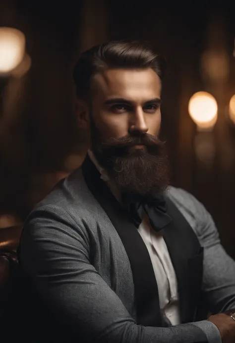 Hombre con barba y bigote en camisa negra, La mejor calidad,4k,8k,Hombre muy atractivo con barba, Vello facial bien cuidado, Lindo, impresionante, Realstic, Imagen ultrarrealista, Bigote natural, Hombre viejo,Retrato suave disparado 8K, Retrato muy detalla...