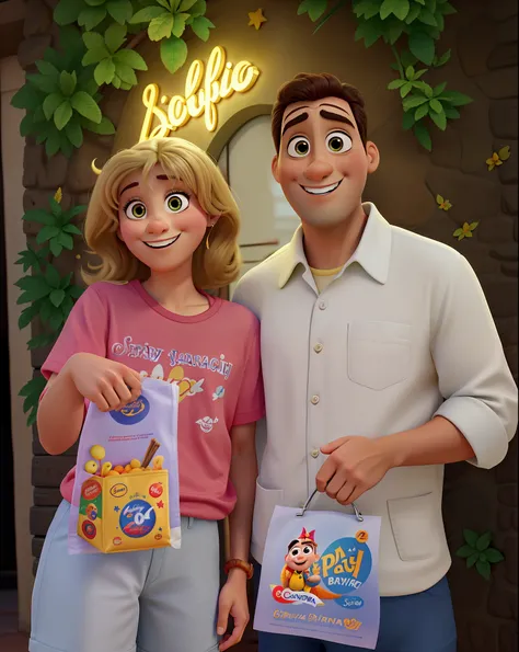 Poster estilo Disney Pixar em alta qualidade, sorrindo, segurando sacola branca com logo laranja escrito a palavra mi