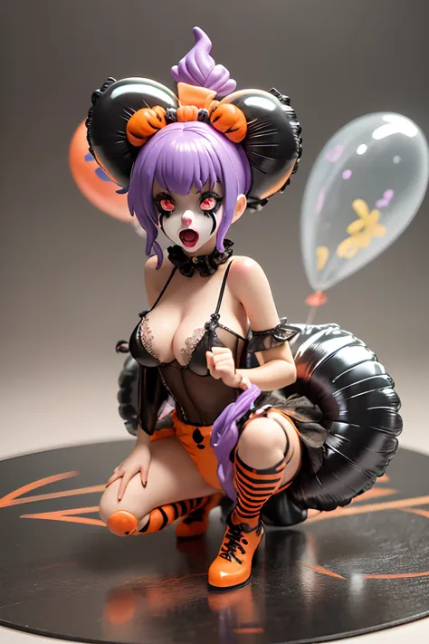 arafed clown (((half animal halfhuman ))) ((scary)) ((halloween)), ((female)), ((clown)) ((Vey sexy)) , avant garde fashion model pop up parade figure, seductive anime girl, anime figure, (anime figurine), seductive. highly detailed, aoshima chiho, ( highl...