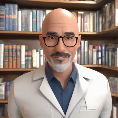 Create a 50-year-old male character, bald, goatee, brown eyes, round glasses, white teeth wearing a white coat and in the background a bookshelf