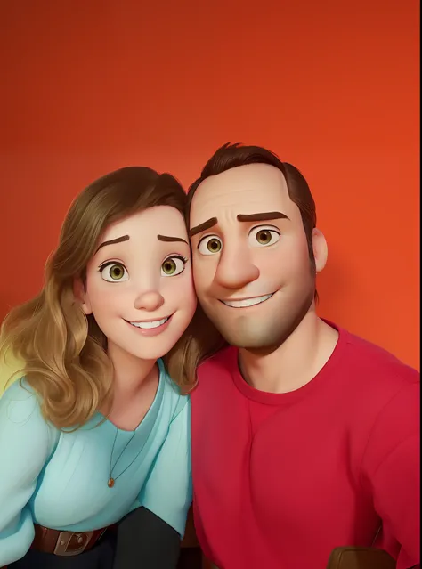 Disney Pixar style poster where there is a man and a woman who are posing for a photo, Directed by: Nandor Soldier, Casal feliz, retrato de casal, retrato de casais, imagem de perfil, imagem do avatar, Retrato de duas pessoas, casal sorridente