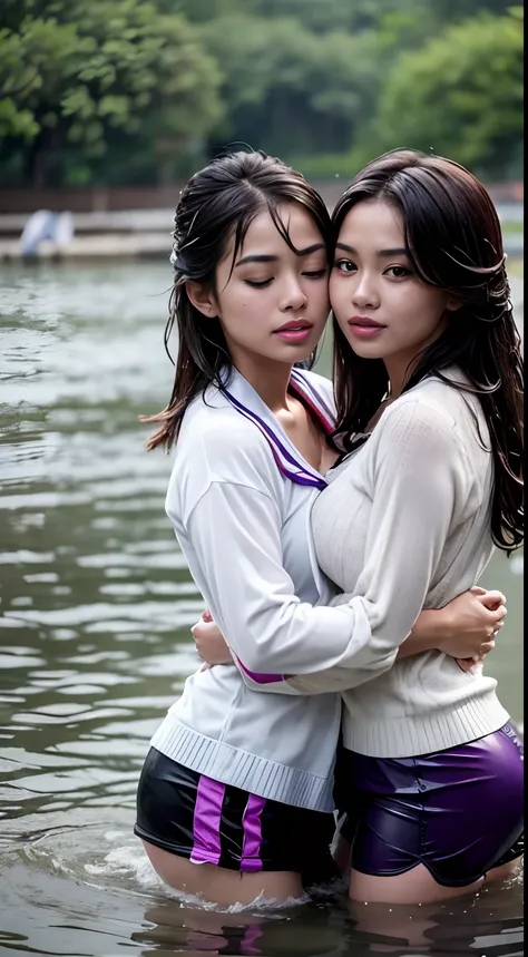 Two Malay girls wearing hijap, big breasts, hugging in the water, bodies pressed together, eyes closed, full of passion, sexual desire, sexual pose, ((lips touching)), romantic, lively, chest high in the water, masterpiece, quality best, highres , hmsl1, w...