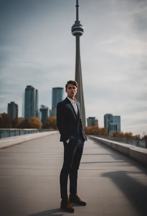 Portrait of a handsome male model in front of CN Tower in Toronto, 18 ans, blazer, sans barbe, with short wavy hair, yeux bleus, thick lips