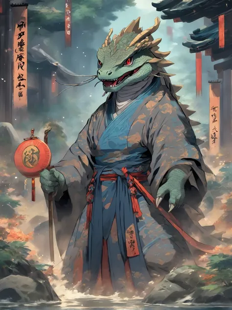 Dark gray lizard monsters，Anthropomorphic lizards，Insidious and cunning，Sticking out his tongue，traditional japanese concept art，Chinese mythology，Wearing Chinese armor，He wears a blue robe over his armor，lizard tail，holding samurai sword，Wait in the cave ...