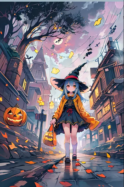 masutepiece, Best Quality, Charming Halloween 8 year old witch, Random coloring,2D, planar vector, T-shirt design, Colorful splashes, Fantasy Art, Watercolor effect,Digital Painting, white bg, 8K、night cityscape,bbw,Anime style