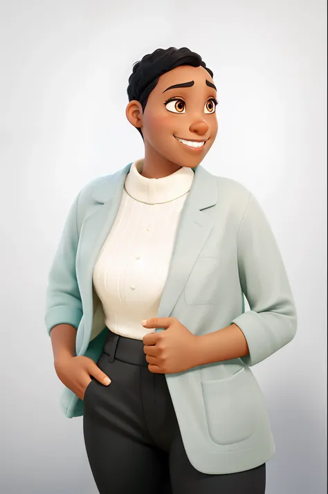 black woman with short hair, light black skin, wide smile, slanted dark eyes, medium nose, Pixar Disney style, high quality, high resolution