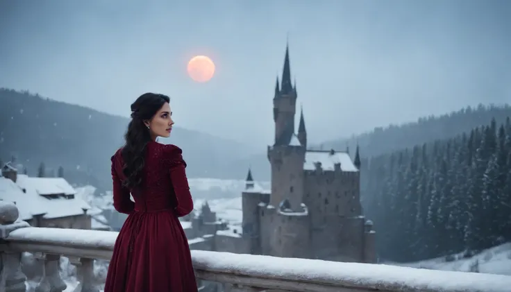 under a moon, young noble woman with black hair and brown eyes stands on a snowy castle balcony overlooking a snow covered landscape, night, wearing crimson gown, midnight, eerie, snow storm, gothic, cinematic, cinematic scene from film, 8k