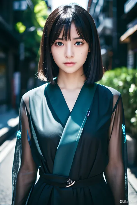 (1girl in),Japan at 25 years old,Medium black hair with green highlight color、 a little freckles、All Black Mode Costume, Standing full-body photo、（night photo）、Will、Blue Light Up、Amazing face and eyes, ((Best Quality)), (Ultra-detailed), (extremely detaile...