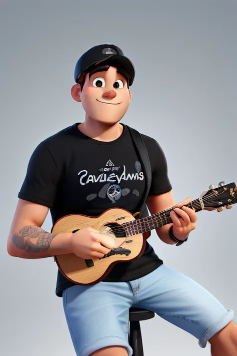 A man with all the characteristics and textures of disney pixar, adult, with a black cap, playing the cavaquinho, high quality, best quality, black t-shirt, written on the t-shirt calvin klein jeans