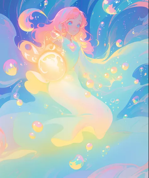 beautiful anime girl in colorful liquid dress, ((hundreds of iridescent bubbles)), vibrant pastel colors, flowing long pink peach hair, beautiful white layered ballgown, (colorful), magical lights, sparkling lines of light, inspired by Glen Keane, inspired...