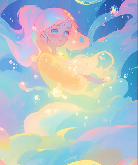 beautiful anime girl in colorful liquid dress, ((hundreds of iridescent bubbles)), vibrant pastel colors, flowing long pink peach hair, beautiful white layered ballgown, (colorful), magical lights, sparkling lines of light, inspired by Glen Keane, inspired...