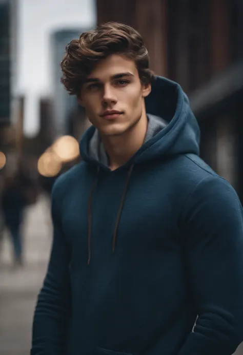 Portrait of a handsome male model in downtown Toronto in the afternoon, 18 ans, hoodie, sans barbe, with short wavy hair, yeux bleus, thick lips