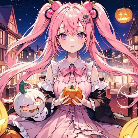 (top-quality、masutepiece)、(((Delicat eyes)))、miku hatsune、Cherry hair ornament、Light pink hair、Pink eyes、pink color clothes、nightcity、Pumpkin Objects