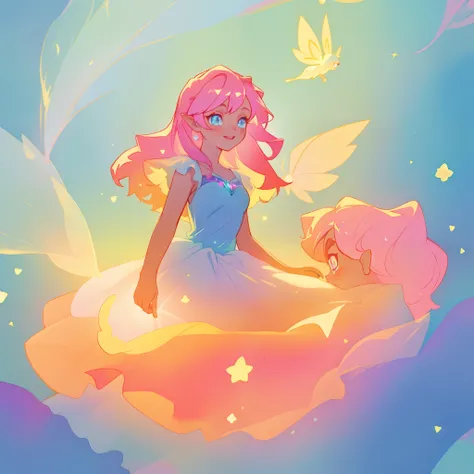 beautiful girl, gradient layered ballgown with a flower skirt, tiered flower fairy dress, fairy queen, pixie gown, vibrant pastel colors, (colorful), glowing golden long hair, magical lights, sparkling magical liquid, glowing aura around her, fantasia back...