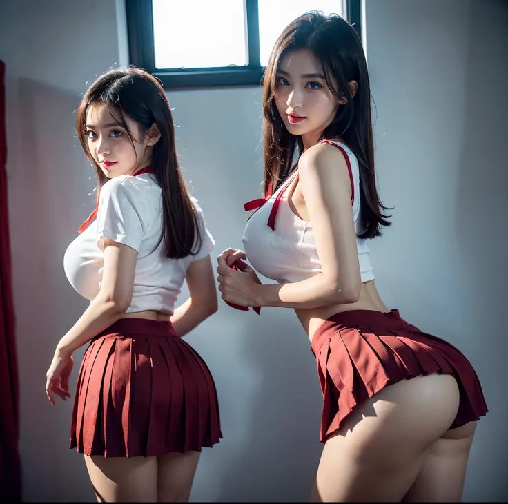 top-quality, 4K picture quality, ​masterpiece, Professional lighting without shadows, A hyper-realistic, perfect anatomia, Two girls, (Proudly stand in front of the camera、With a girl showing off a ribbon tie from the front, Another girl on the other side ...