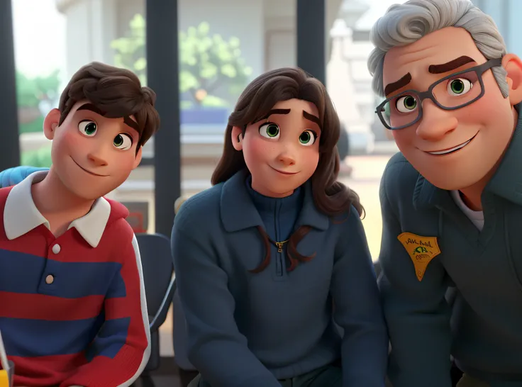 Um menino, uma mulher e um homem grisalho estilo disney pixar, alta qualidade