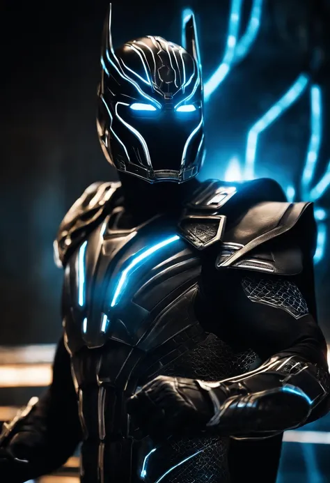 Tron Combined with Thor, tron legacy, battle pose, crystal clear image, intricate details, close up, battle scars, black and Blue themed, simulation world, glowing web