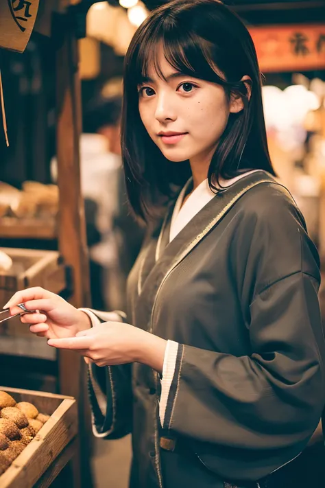 1girl,fullbody photo,japanese,25old year, black medium-length hair,a little freckles,working at Traditional stall in japan,Traditional clothes,Proper body proportion,Super high-quality output images,hight resolution,Intricate details,Hair fluttering in a v...